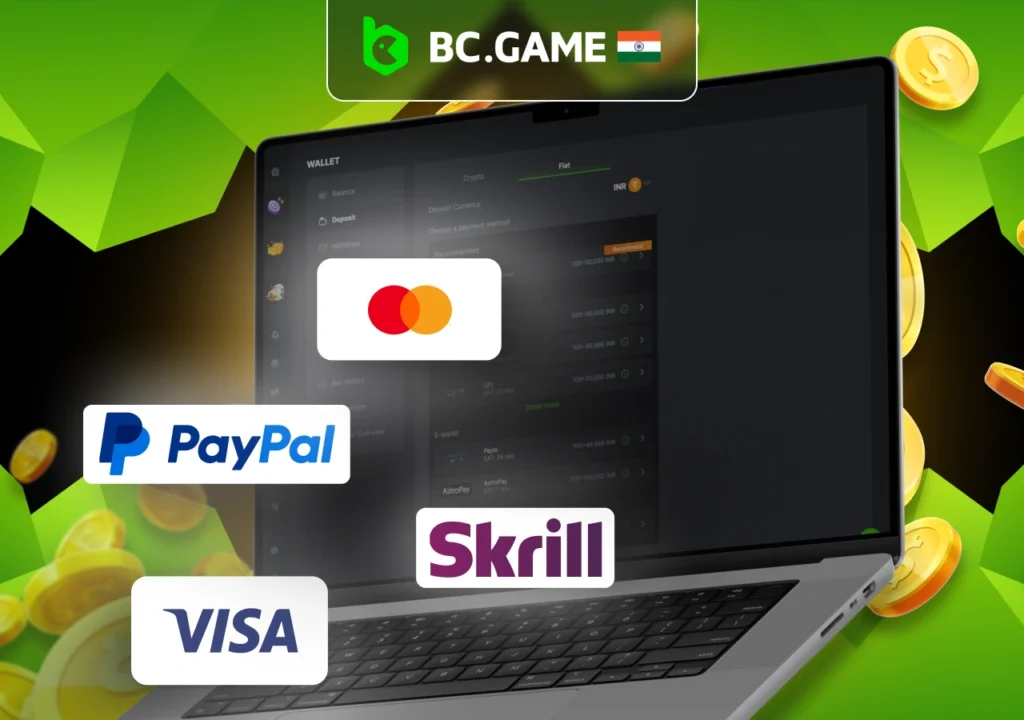 Possible options of payment methods on BC Game casino platform