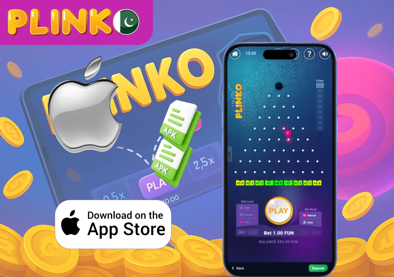 Plinko game on mobile with Apple logo and APK files showing App Store download option